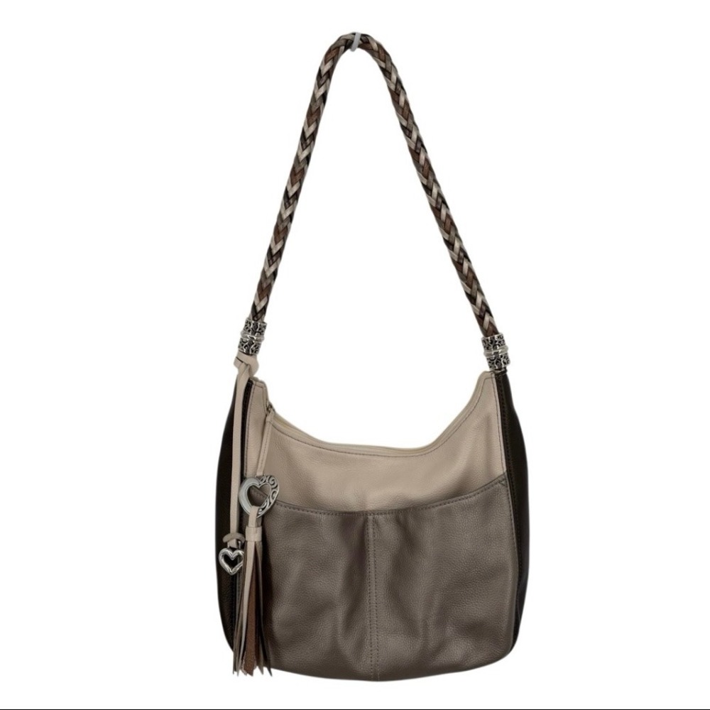 Brighton Barbados‎ Retired Hobo Bag Tan Grey  Leather Braided Strap Heart Charm